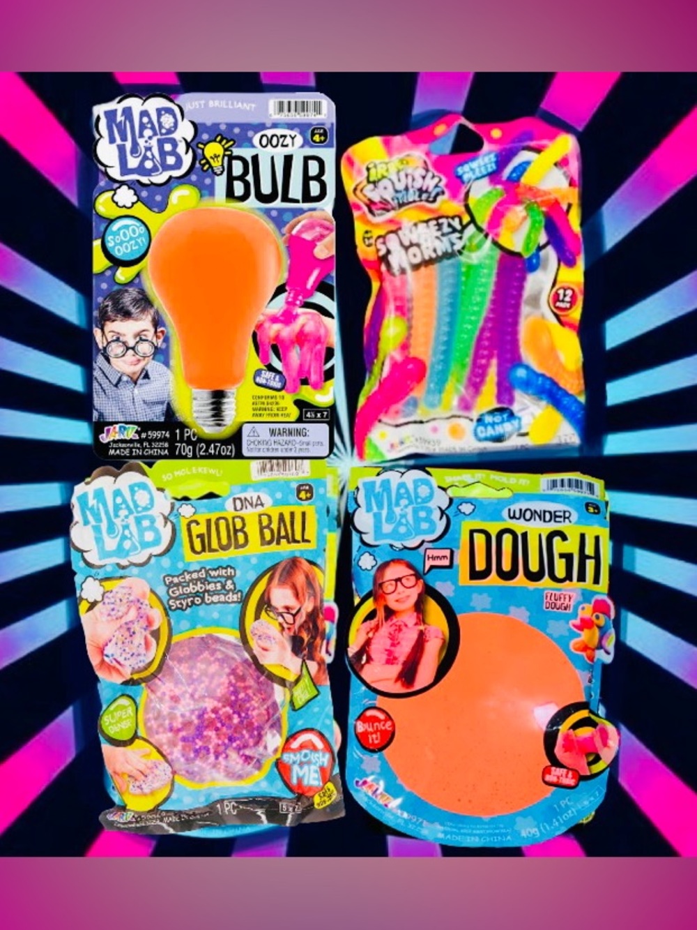4pc Squishy Sensory Fidget Toy Bundle | Squishy Ball, Wonder Dough, Bulb & Worms